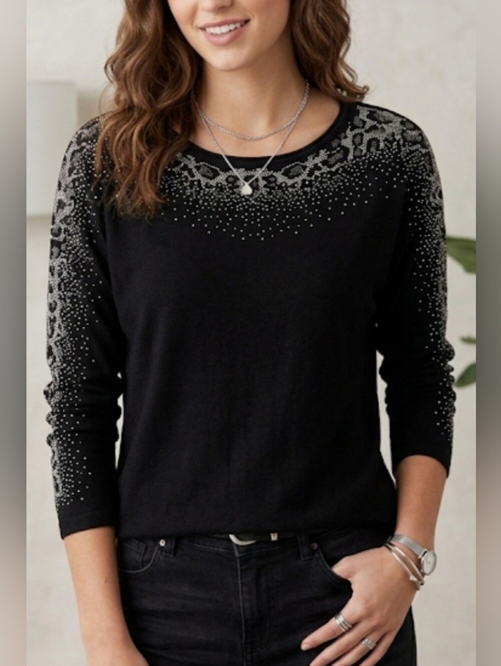Alison Sheri Animal Print Stud Bead Embelished Black Top